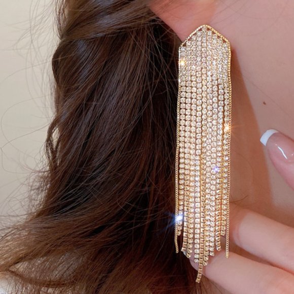 Rhinestone Fringe Dangle Earrings Prom Pageant Bridal Formal - Picture 7 of 8